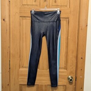SPANX Faux Leather 7/8 Leggings Women Med Navy Cool Blue Track Stripe Athleisure